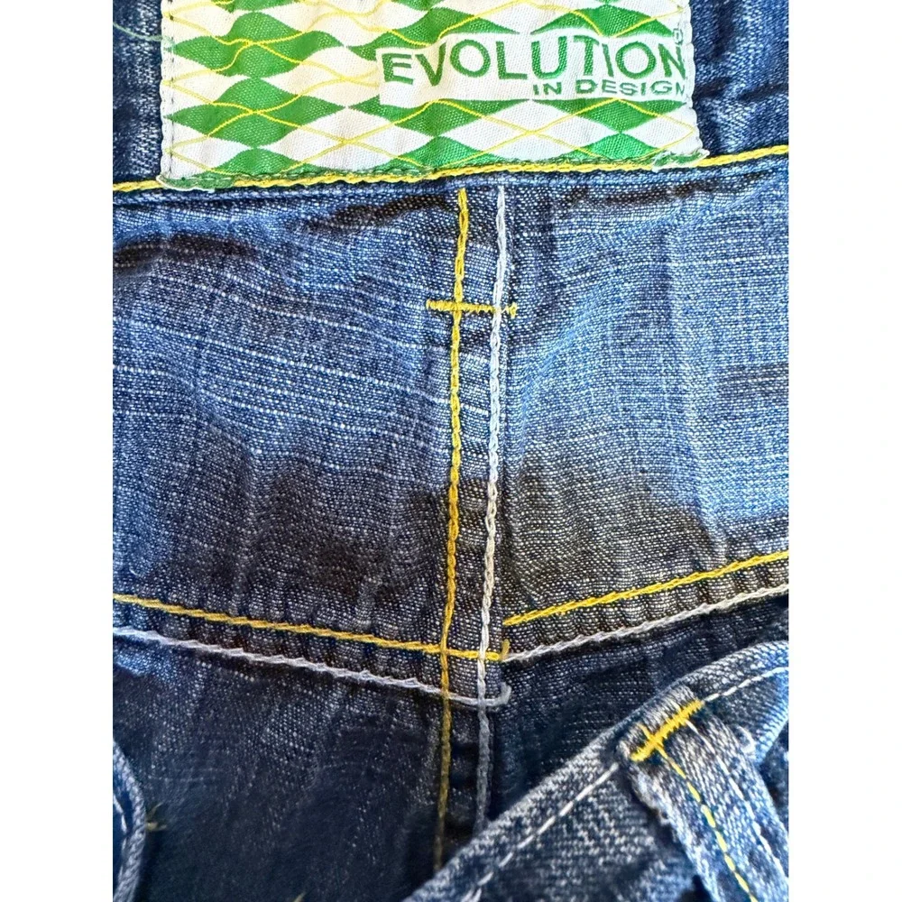 Evolution Design Men Baggy Argyle Pocket Jeans Blue Denim 38x32 Y2K Streetwear